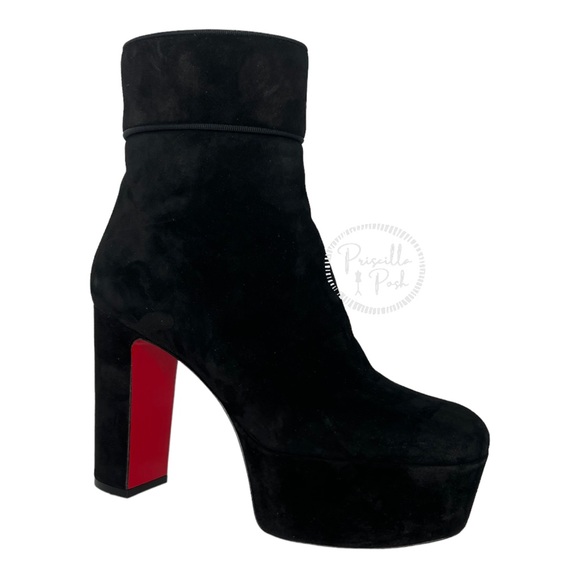 Christian Louboutin black suede platform ankle boot block heel square toe retro - Picture 16 of 16
